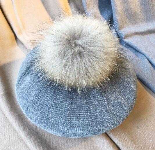 Paris-Chapeau bonnet Gris Béret en laine et fourrure