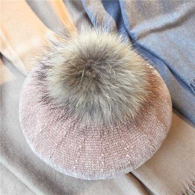Paris-Chapeau bonnet khaki Béret en laine et fourrure