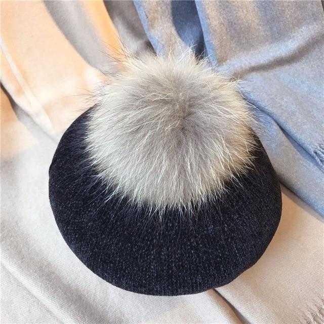 Paris-Chapeau bonnet Noir Béret en laine et fourrure