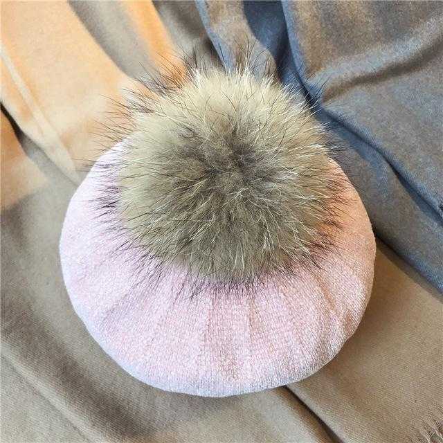 Paris-Chapeau bonnet Rose Béret en laine et fourrure