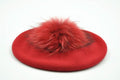 Paris-Chapeau bonnet Rouge Béret de Laine avec pompon en Véritable Fourrure