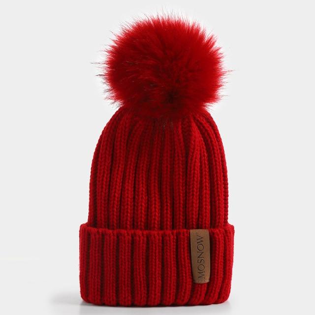 Paris-Chapeau bonnet Rouge Bonnet et pompon en véritable Fourrure De Raton Laveur