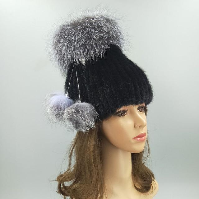 Paris-Chapeau bonnet & skullies 02 Noir / 54-62cm Bonnet  tricotés en fourrure de renard
