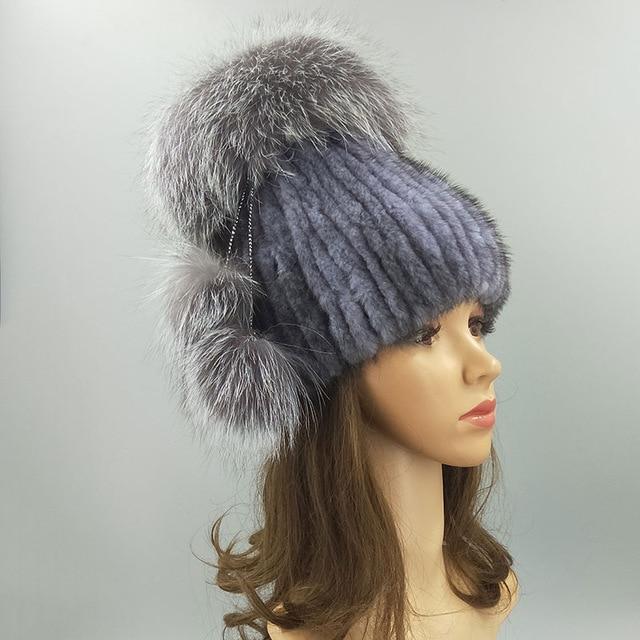 Paris-Chapeau bonnet & skullies 04 Gris / 54-62cm Bonnet  tricotés en fourrure de renard