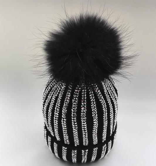 Paris-Chapeau bonnet & skullies Noir avec pom noir Bonnet  À La Main Rayé Strass