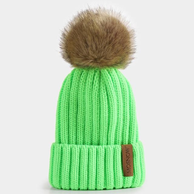 Paris-Chapeau bonnet Vert Bonnet et pompon en véritable Fourrure De Raton Laveur