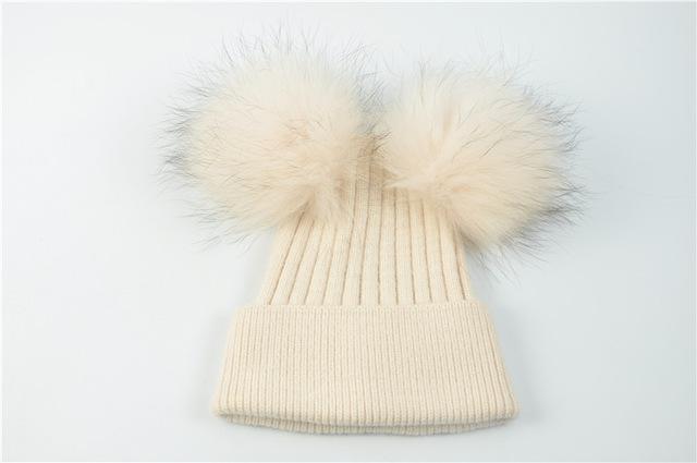 Paris-chapeau chapeau d'hiver Beige Bonnet double pompons