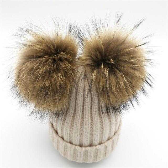 Paris-chapeau chapeau d'hiver Beige Bonnet tricoté en Laine & Coton avec deux Pompons