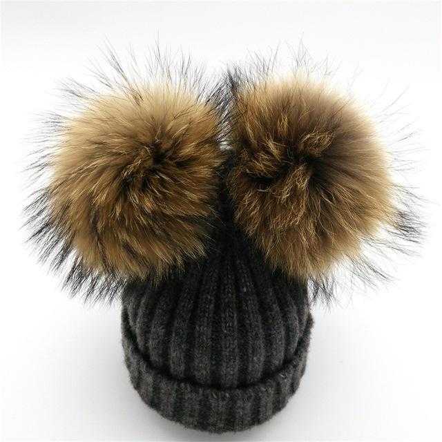Paris-chapeau chapeau d'hiver Bonnet tricoté en Laine & Coton avec deux Pompons