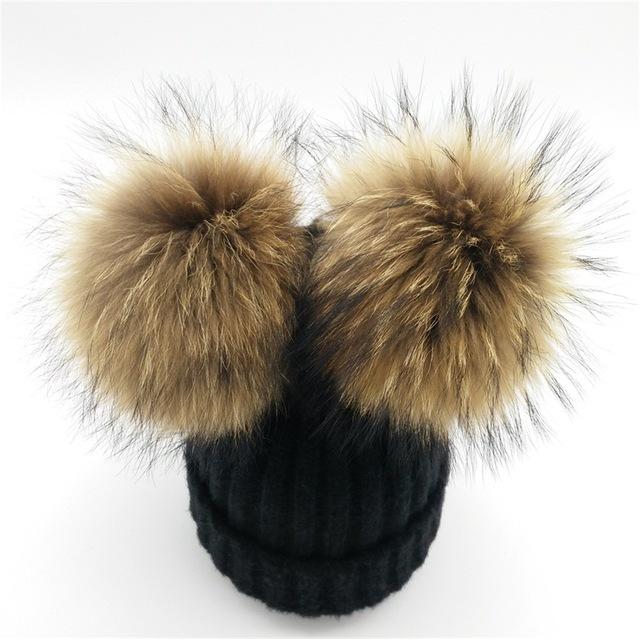Paris-chapeau chapeau d'hiver Noir Bonnet tricoté en Laine & Coton avec deux Pompons