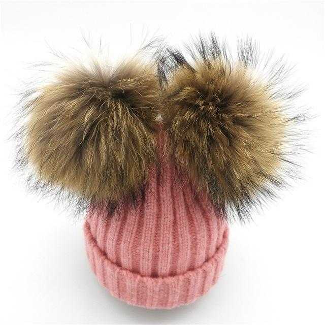 Paris-chapeau chapeau d'hiver Rose Bonnet tricoté en Laine & Coton avec deux Pompons