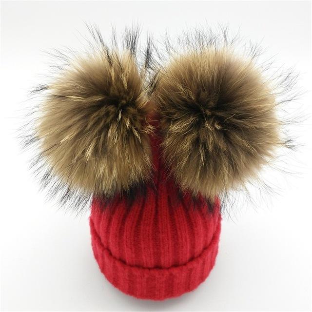 Paris-chapeau chapeau d'hiver Rouge Bonnet tricoté en Laine & Coton avec deux Pompons