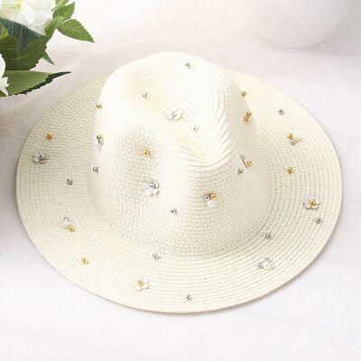 Paris-Chapeau chapeau de paille Blanc 3 / 56-58cm Chapeau en paille floral perles