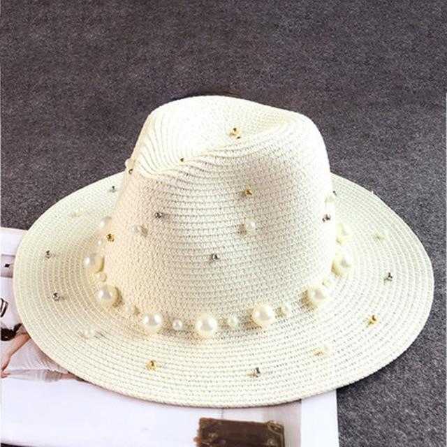 Paris-Chapeau chapeau de paille Blanc / 56-58cm Chapeau de paille à bords plats style britannique perle