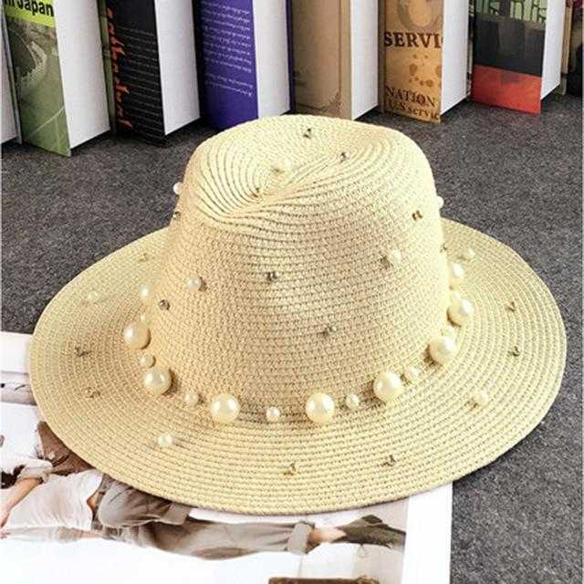 Paris-Chapeau chapeau de paille Kaki / 56-58cm Chapeau de paille à bords plats style britannique perle