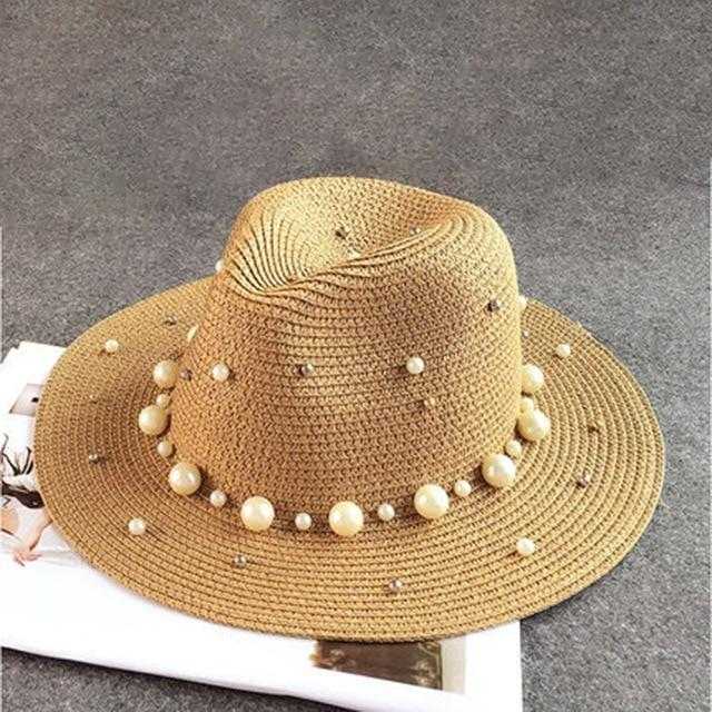Paris-Chapeau chapeau de paille Marron / 56-58cm Chapeau de paille à bords plats style britannique perle