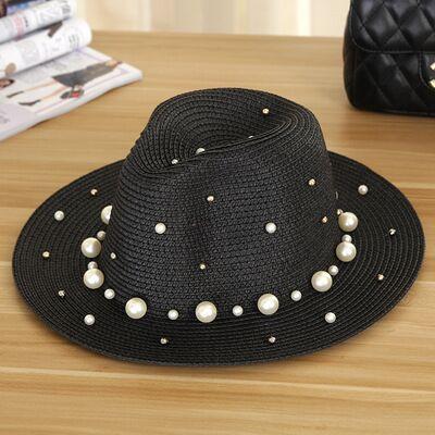 Paris-Chapeau chapeau de paille Noir 2 / 56-58cm Chapeau en paille floral perles