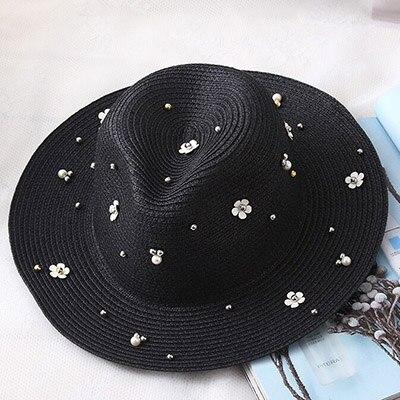 Paris-Chapeau chapeau de paille Noir 3 / 56-58cm Chapeau en paille floral perles