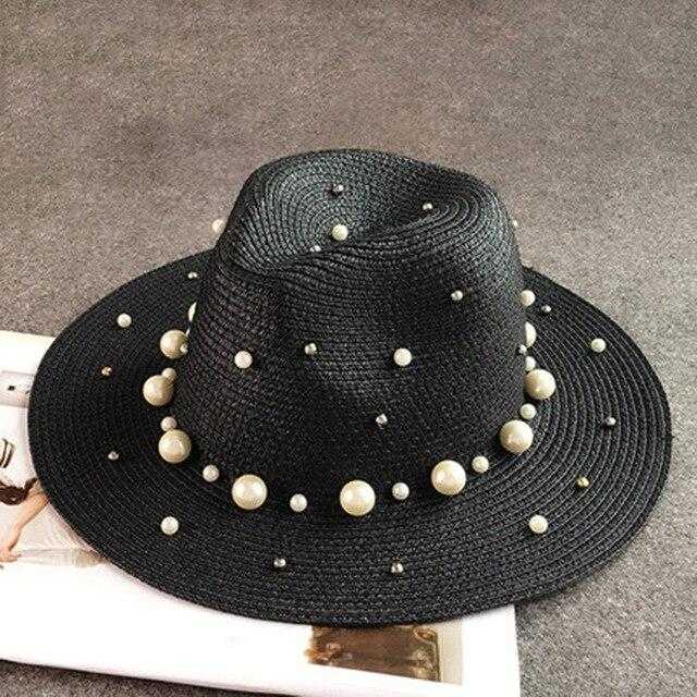 Paris-Chapeau chapeau de paille Noir / 56-58cm Chapeau de paille à bords plats style britannique perle