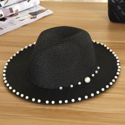 Paris-Chapeau chapeau de paille Noir / 56-58cm Chapeau en paille floral perles