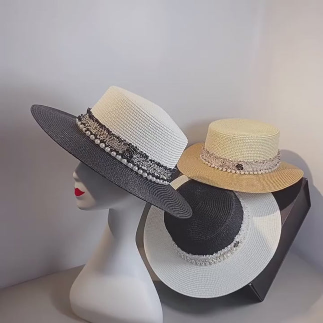 Chapeau paille femme patchwork noir blanc